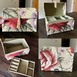 Shabby Chic Floral Fabric Covered Tassel Jewelry Box Organizer Holder